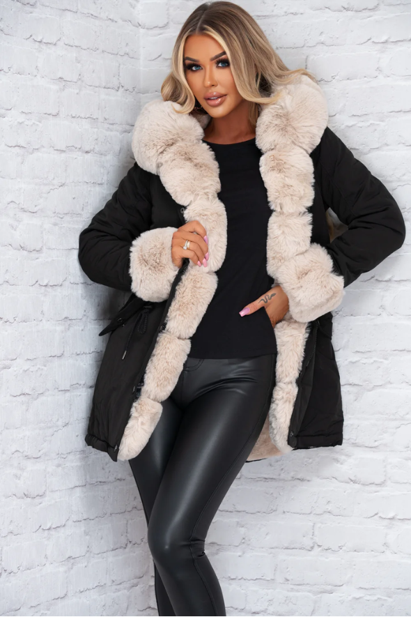 Black Faux Fur Trim Parka Coat