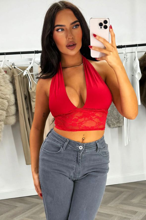 Red Plunge Halter Neck Crop Top With Lace Hem