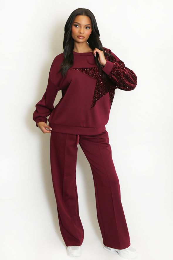 Star Sequin Sweatshirt And Trouser Co-Ord Burgundy