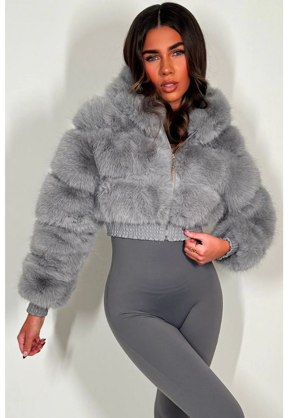 Crop Faux Fur Jacket With Hood Grey