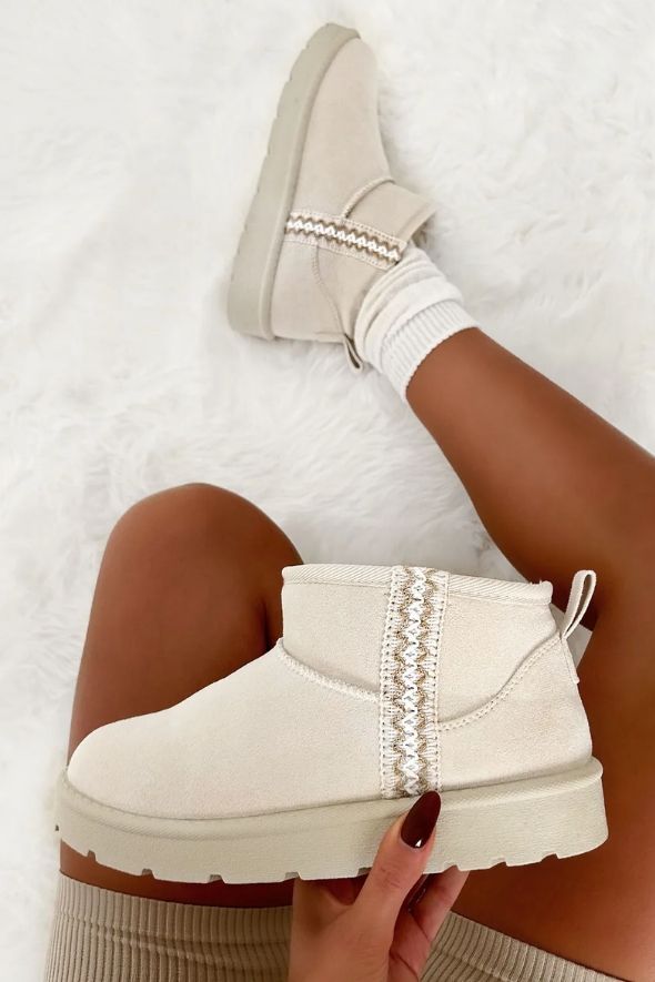 Snowy Cream Aztec Detail Faux Fur Lining Cosy Boots