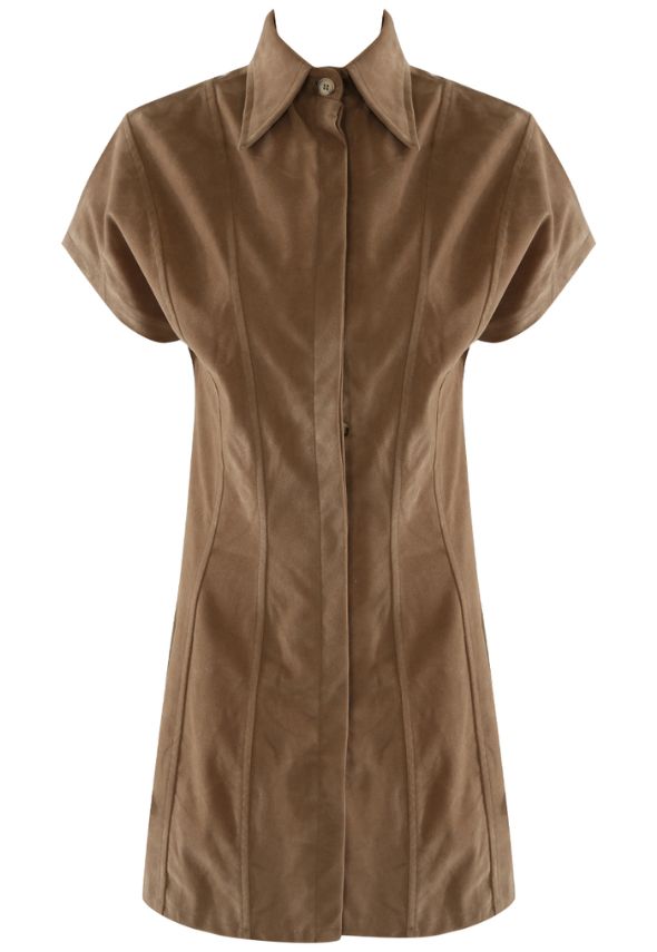 Suede Pleated Shirt Dress Tan