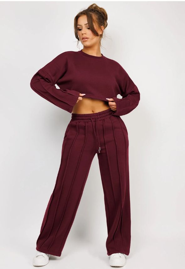 Wine Pintuck Seam Detail Joggers And Crop Sweatshirt Tracksuit