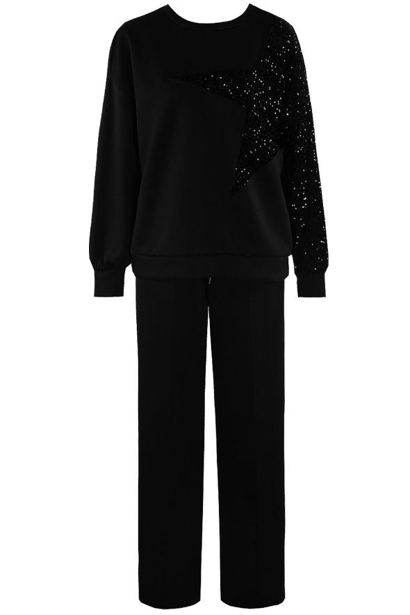 Star Sequin Sweatshirt And Trouser Co-Ord Black