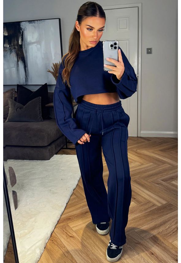 Tracksuit Joggers And Crop Sweatshirt With Seam Detail Navy Blue