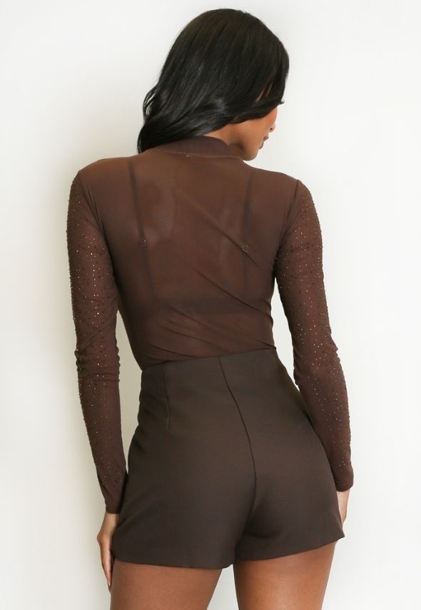 Crystal Mesh Bodysuit Brown