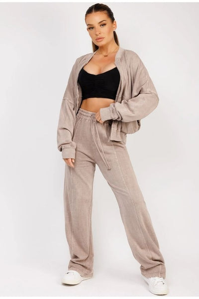 Taupe Stonewashed Zipped Bomber Jacket & Joggers Loungewear Set