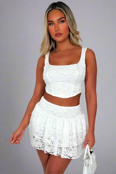 Lace Frilly Ruffle Mini Skirt and Corset Top Two Piece Set White