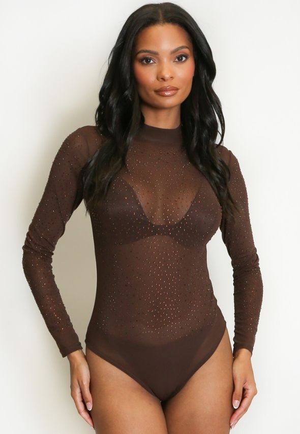 Crystal Mesh Bodysuit Brown