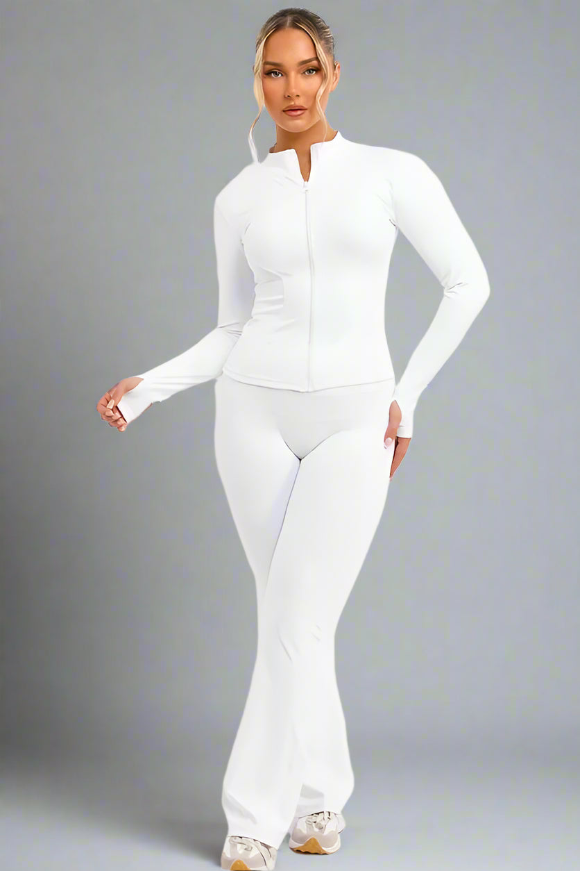 Flare Trouser And Zip Up Sports Jacket Co Ord White