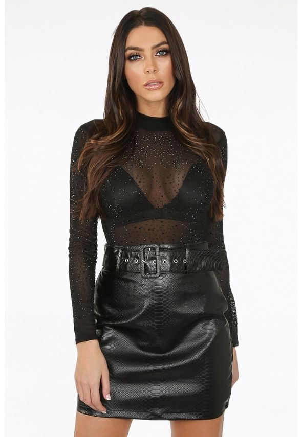Crystal Mesh Bodysuit Black