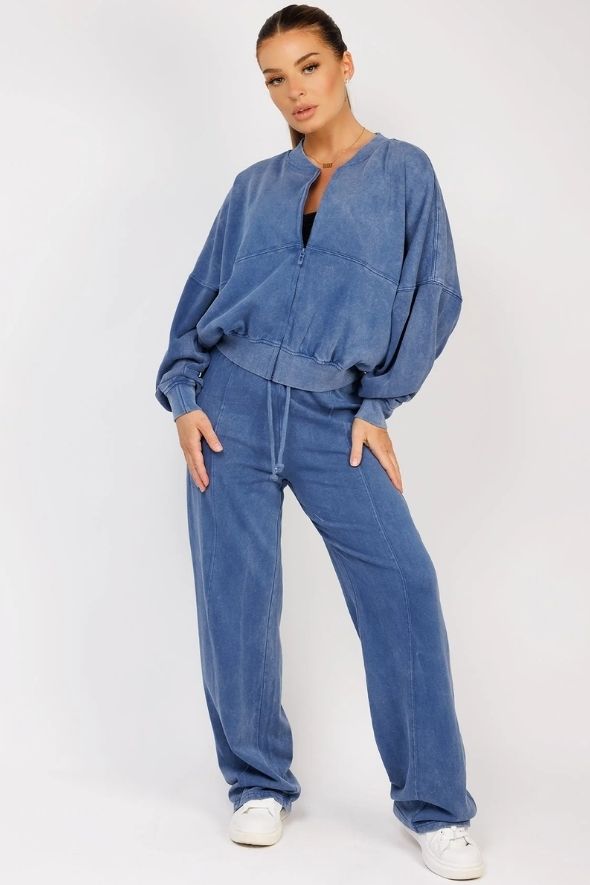 Denim Blue Stonewashed Zipped Bomber Jacket & Joggers Loungewear Set