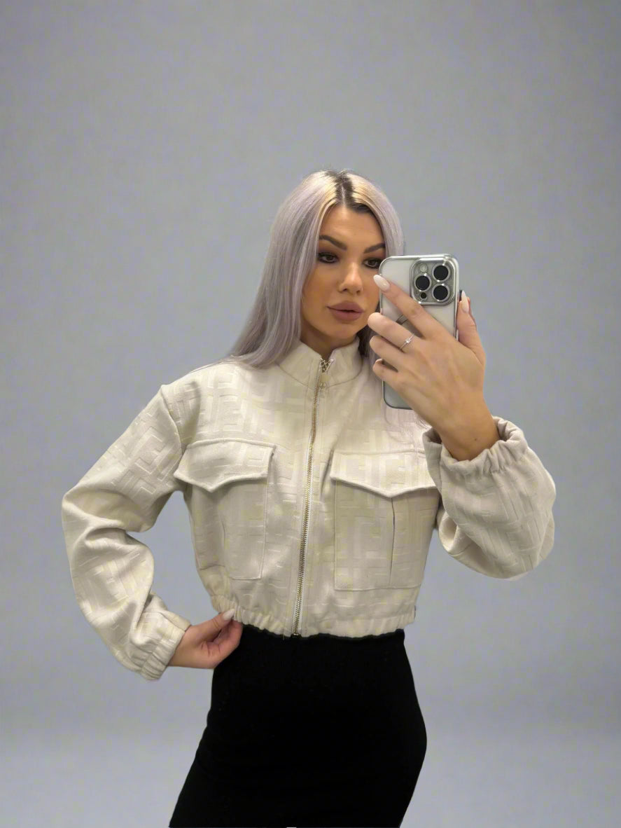 Cropped Print Suedette Bomber Jacket Off White
