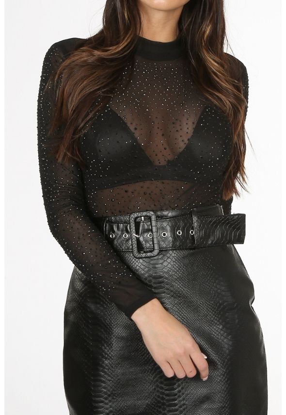 Crystal Mesh Bodysuit Black