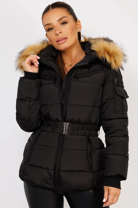 Black Padded Waist Belted Faux Fur Hooded Jacket