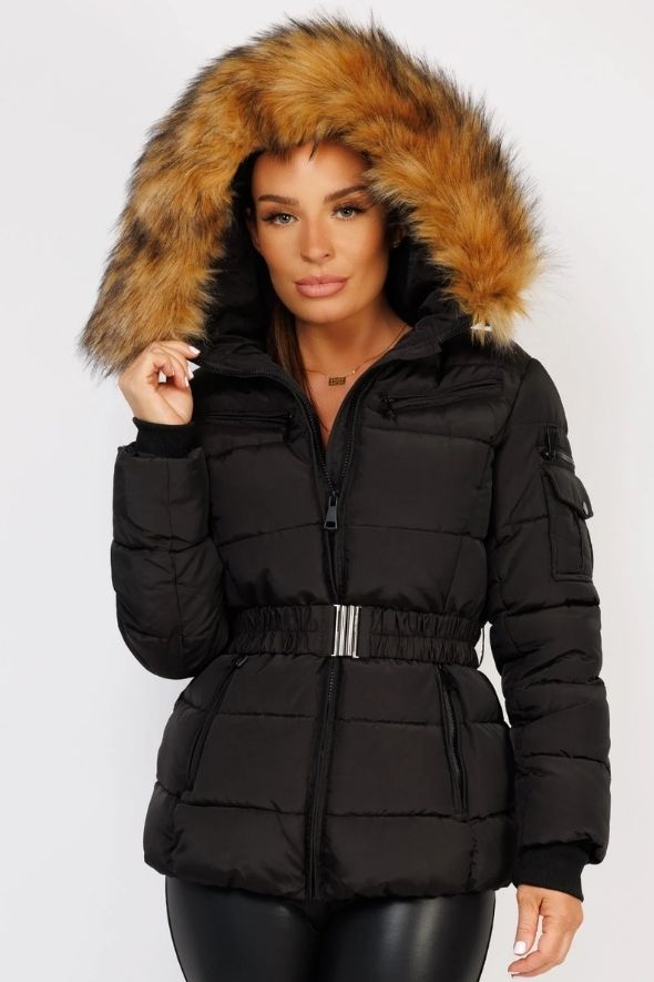 Black Padded Waist Belted Faux Fur Hooded Jacket