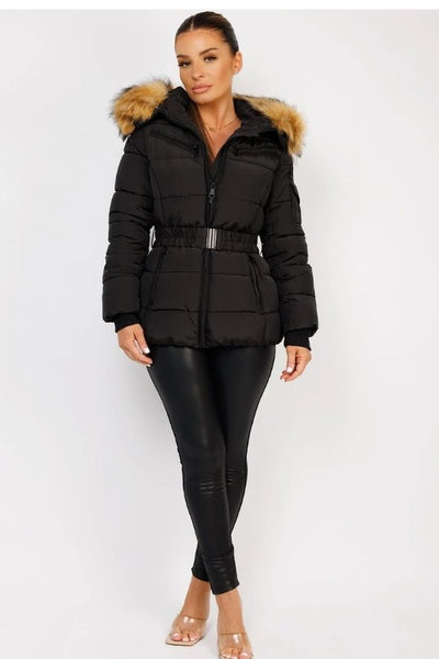 Black Padded Waist Belted Faux Fur Hooded Jacket