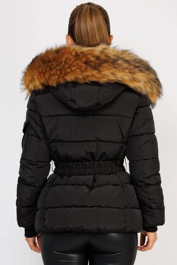 Black Padded Waist Belted Faux Fur Hooded Jacket