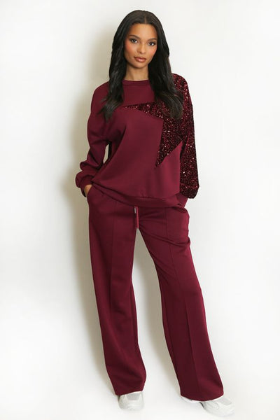 Star Sequin Sweatshirt And Trouser Co-Ord Burgundy