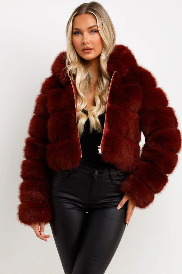 Faux Fur Coat With Hood Burgundy
