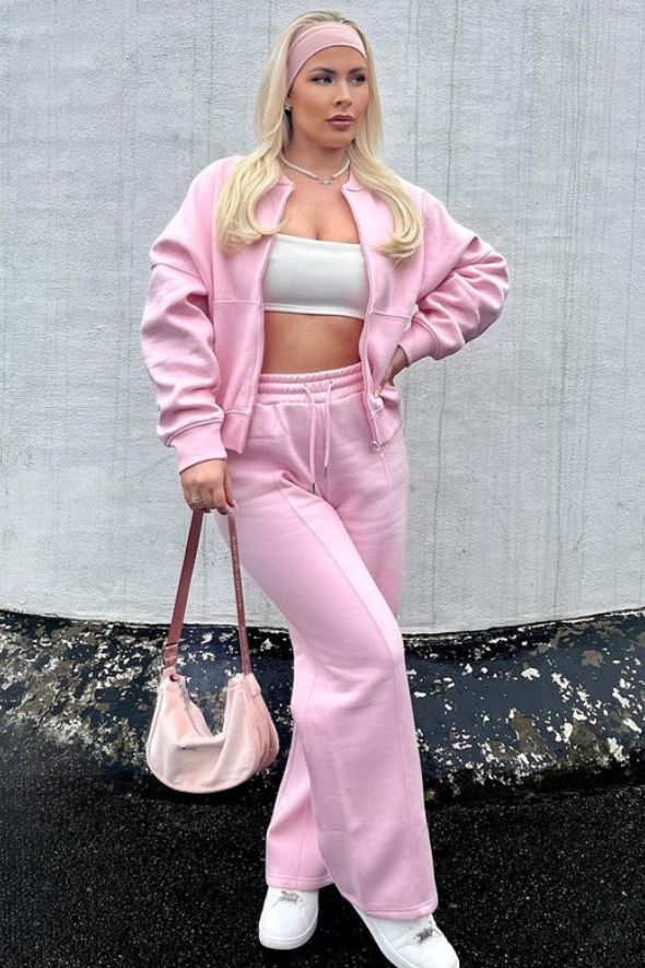 Bomber Style Oversize Fleece Zipper & Jogger Set Baby Pink