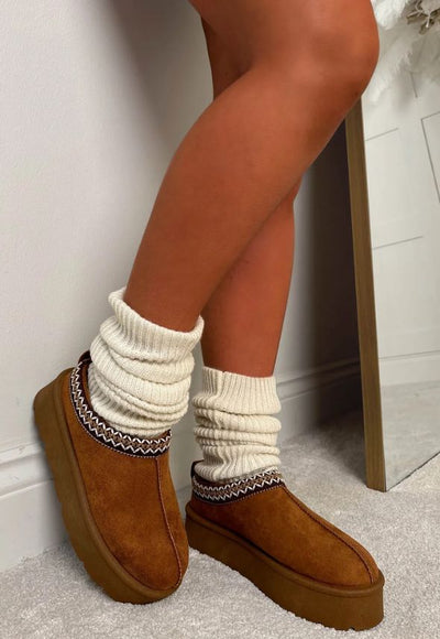 Luxury Chestnut Aztec Detail Faux Fur Lining Platform Mule