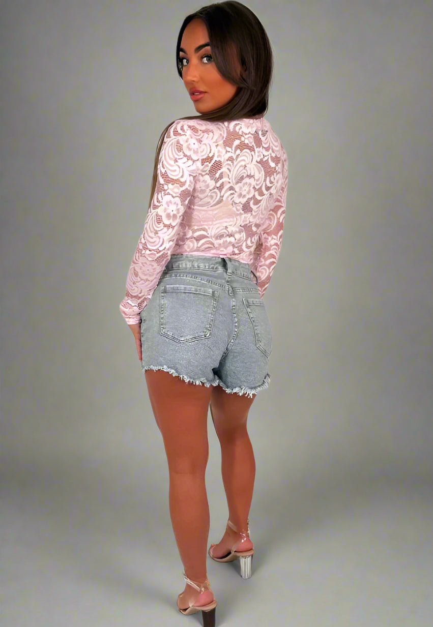 Long Sleeve Lace Bodysuit Top Baby Pink