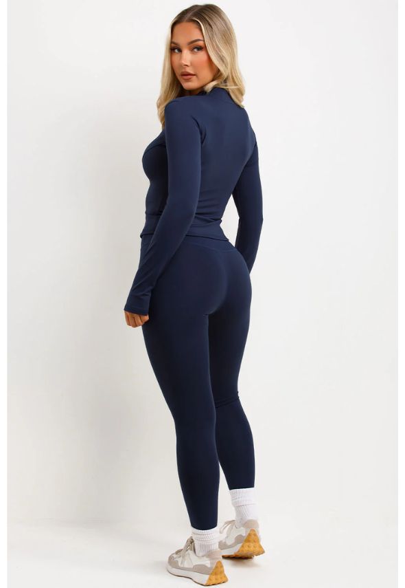Zip Up Sports Jacket And Seamless Leggings Co Ord Set Navy
