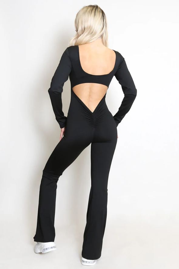 Flared Cut Out Push Up Unitard Black