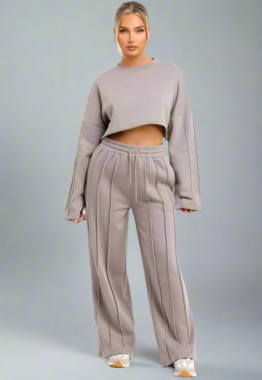 Tracksuit Joggers And Crop Sweatshirt With Seam Detail Dove Grey