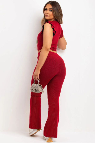 Frill Shoulder Top And Skinny Flare Trouser Set Ribbed Red