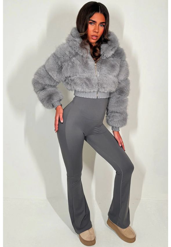 Crop Faux Fur Jacket With Hood Grey