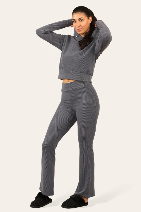 Ribbed Hooded Top & Flare Pants Set Dark Grey