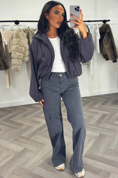 Hooded Jacket With Elastic Hem Grey