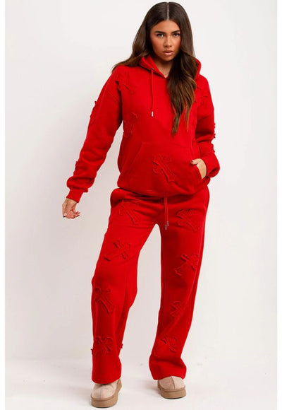 Crucifix Patch Hoodie And Joggers Tracksuit Lounge Set Red