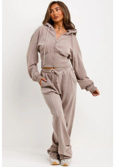 Crop Sweatshirt Hoodie And Bell Bottom Trousers Loungewear Dove Grey