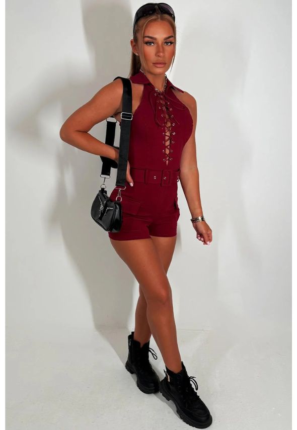 Playsuit with Lace Up Front and Belt Burgundy