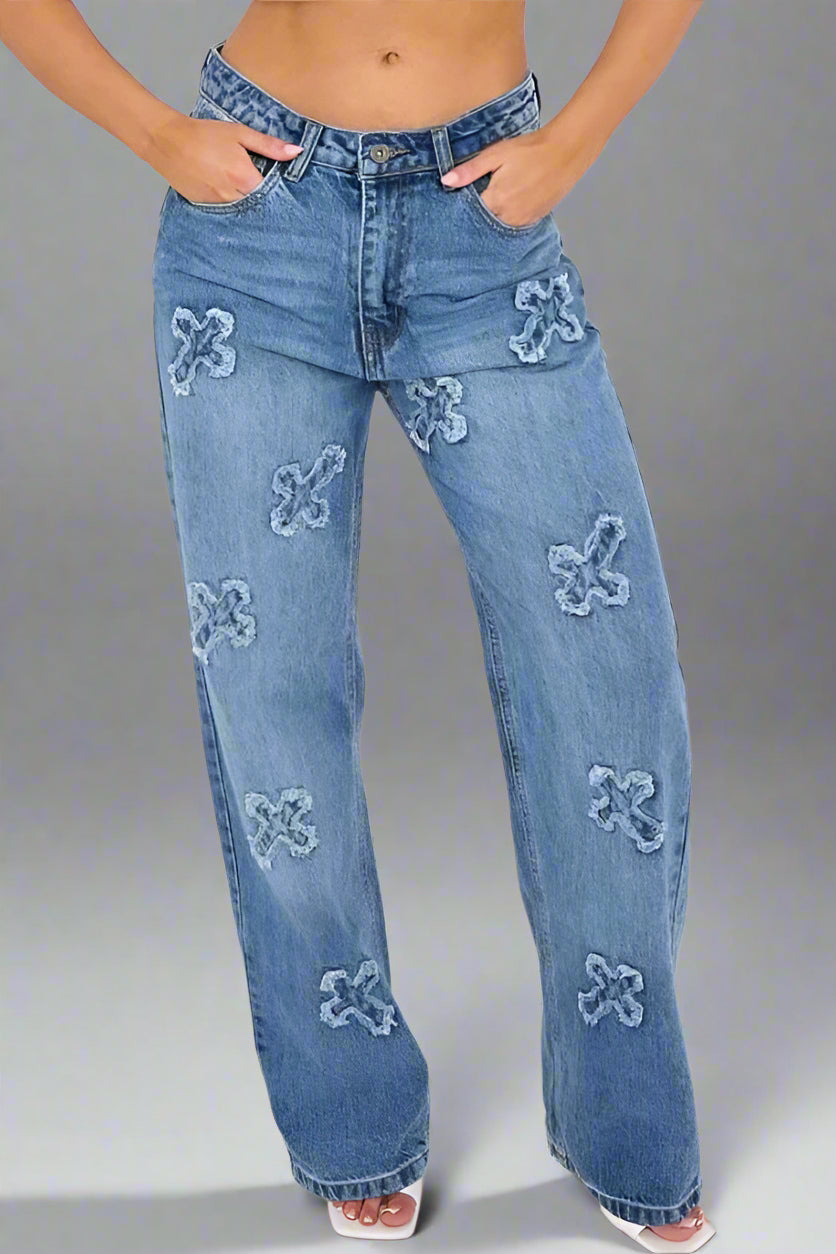 Wide Leg Crucifix Blue Denim Jeans