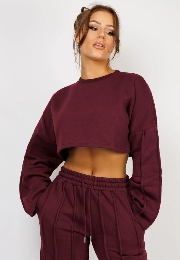 Wine Pintuck Seam Detail Joggers And Crop Sweatshirt Tracksuit