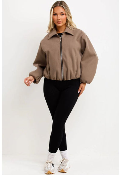Puffed Bomber Jacket With Zip Light Brown
