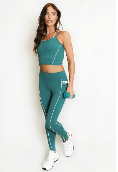 Gym Vest And Legging Set With Piping Green