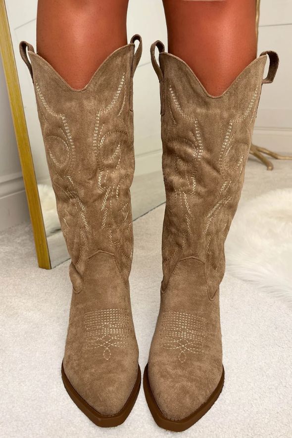 Cowboy Taupe Embroidered Western Mid Calf Boots