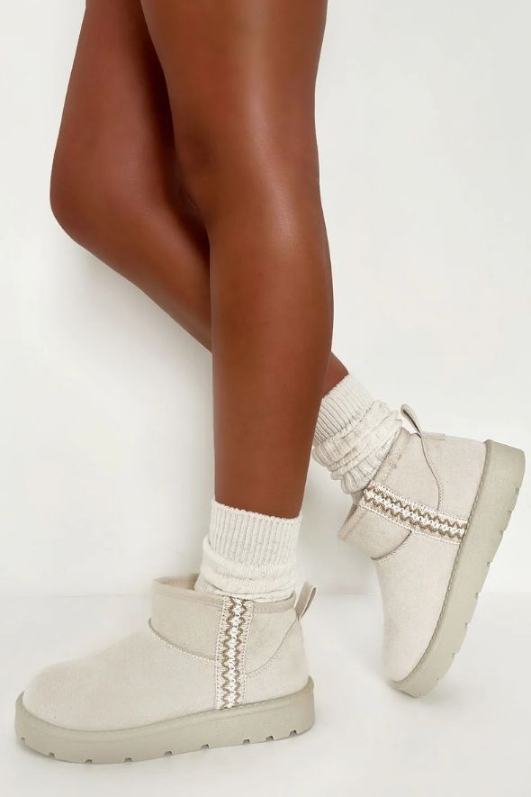 Snowy Cream Aztec Detail Faux Fur Lining Cosy Boots