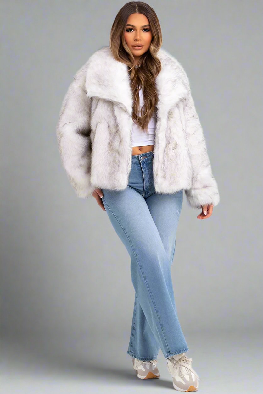 White Faux Fur Jacket With Collar