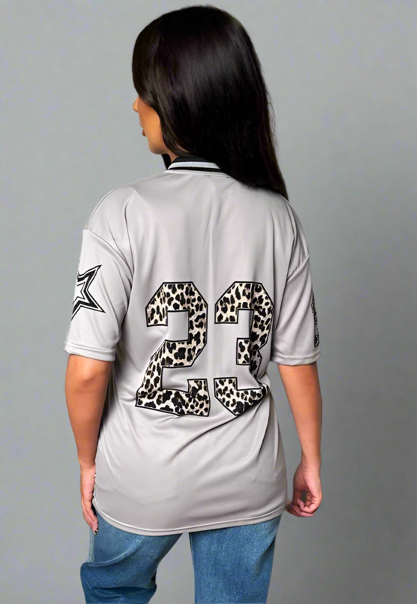 Grey Football V Neck Jersey Top With Leopard Print Slogan