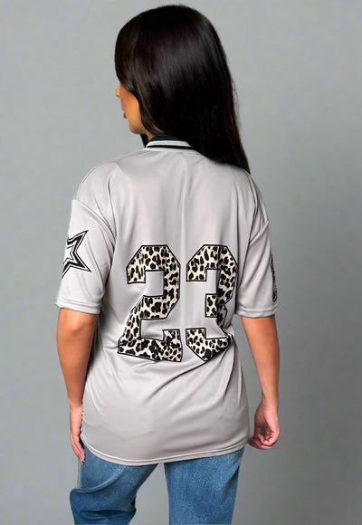 Grey Football V Neck Jersey Top With Leopard Print Slogan