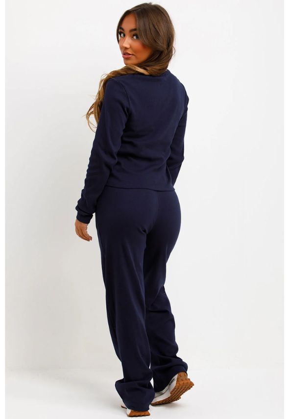 Rib Button Up Long Sleeve Top And Trouser Loungewear Set Navy