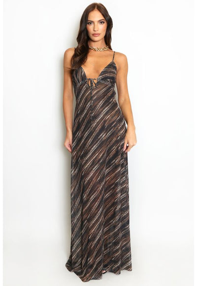 Printed Mesh Cut Out Back Maxi Dress Brown