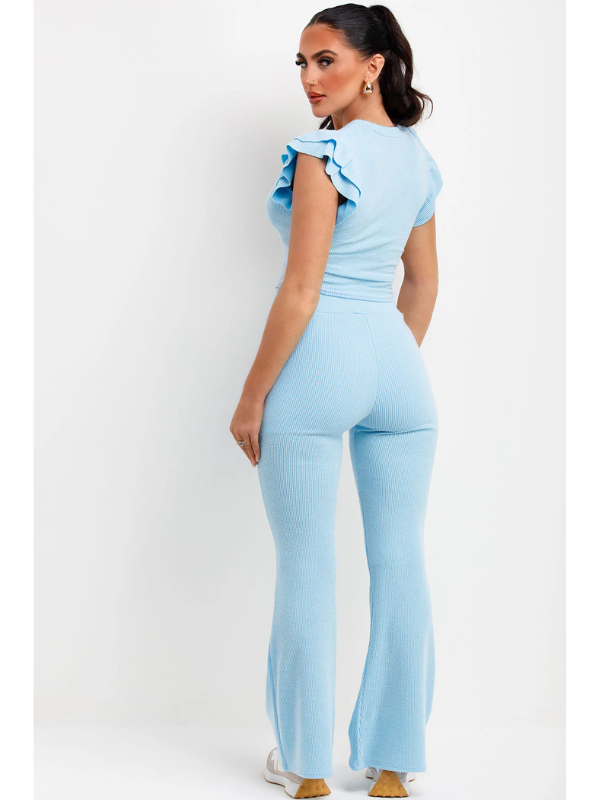 Frill Shoulder Top And Skinny Flare Trouser Set Ribbed sky blue