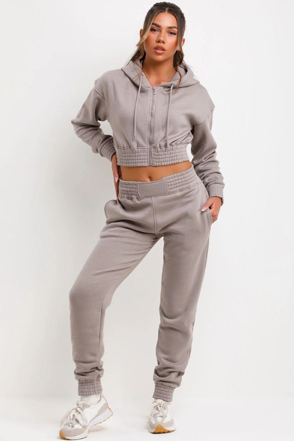 Tracksuit With Zip Front Cropped Dove Grey